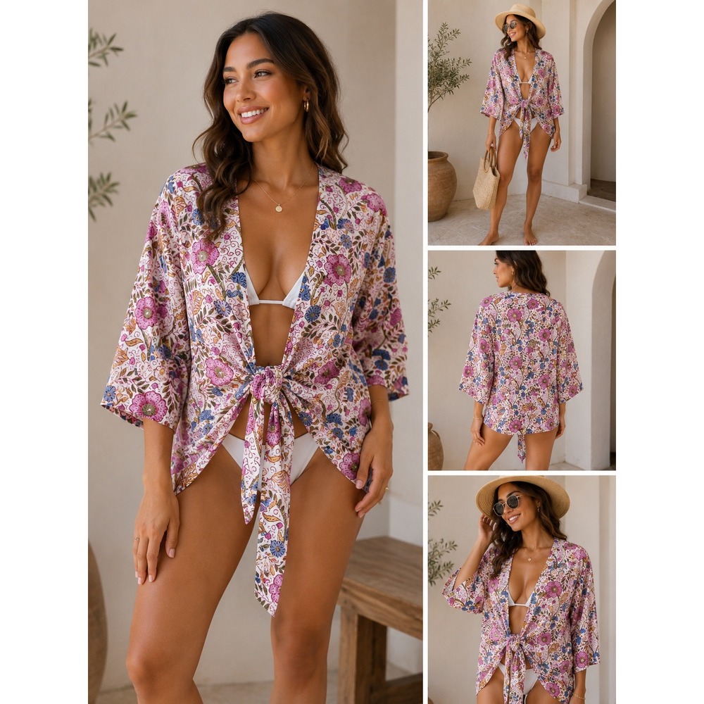 Shade Floral Print Cotton Tie‎ Front Swim Cover Up Kimono Cardigan Pink One Size